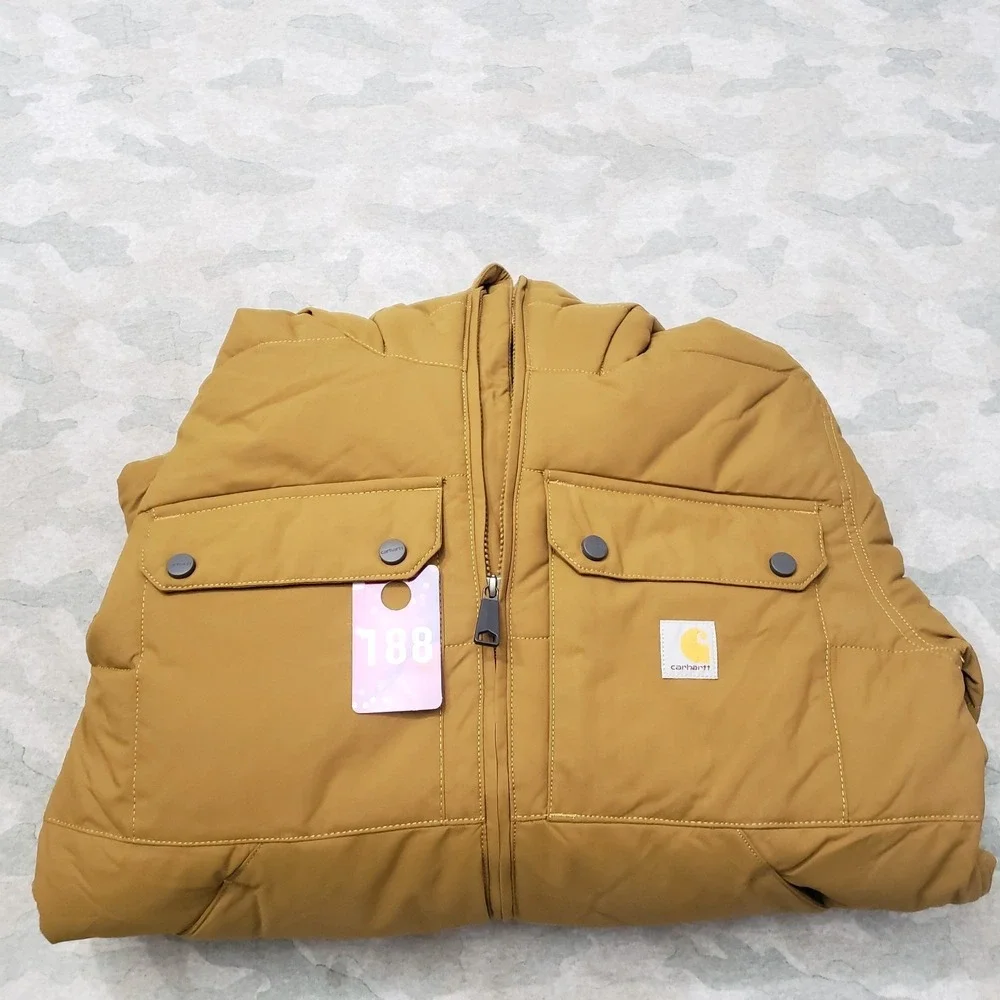 Carhartt Puffer Jacket Mens Small Green Tan Loose Fit Rain Defender‎ Zip Hooded